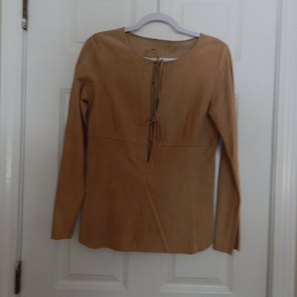 Tan soft, thin, suede shirt with ties.